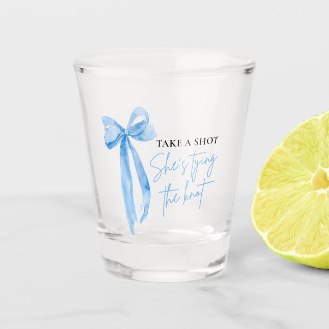 Dusty Blue Bow She's Tying the Knot Bridal Shower  Shot Glass (Front)