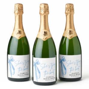 Dusty Blue Bow She's Tying the Knot Bridal Shower  Sparkling Wine Label