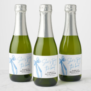 Dusty Blue Bow She's Tying the Knot Bridal Shower Sparkling Wine Label