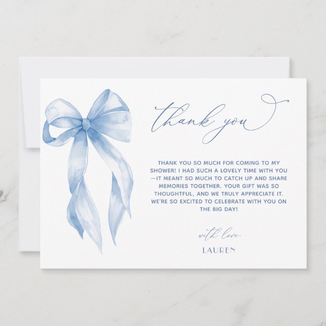 Dusty Blue Bow She's Tying The Knot Bridal Shower Thank You Card (Front)