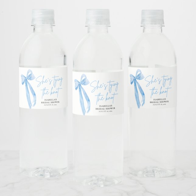 Dusty Blue Bow She's Tying the Knot Bridal Shower  Water Bottle Label (Bottles)