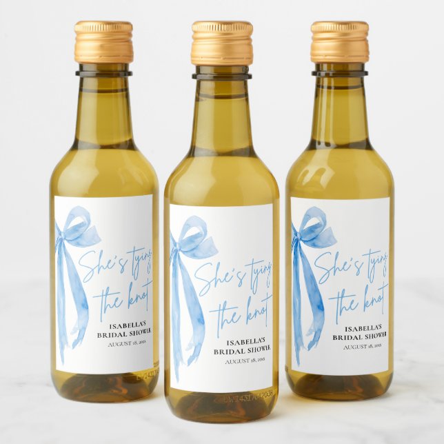 Dusty Blue Bow She's Tying the Knot Bridal Shower  Wine Label (Bottles)