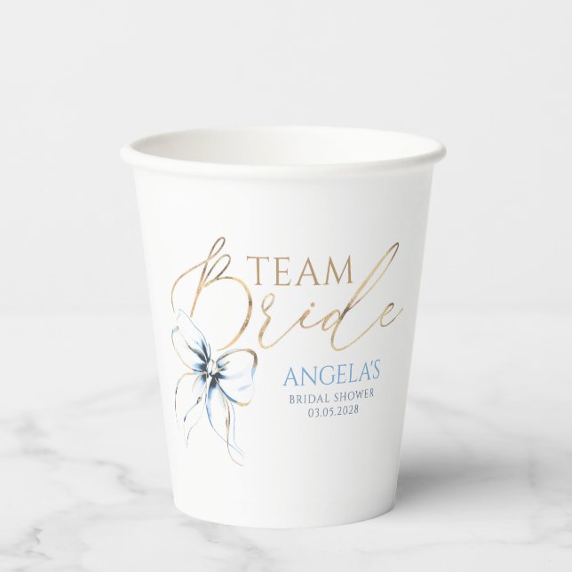 Dusty Blue Bow Team Bride Bridal Shower Paper Cups (Front)