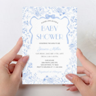 Dusty Blue Bow Toile De Jouy Boy Baby Shower Invitation