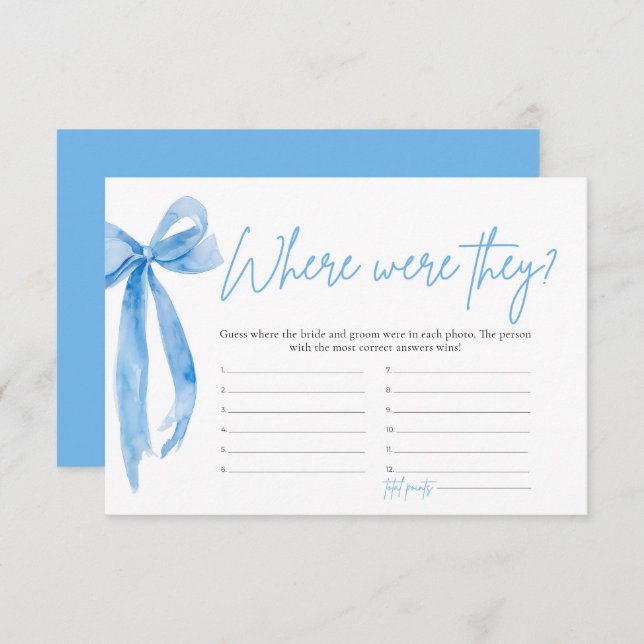 Dusty Blue Bow Where Were They Bridal Shower Game Invitation (Front/Back)