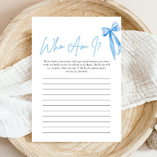 Dusty Blue Bow Who Am I Bridal Shower Game Card