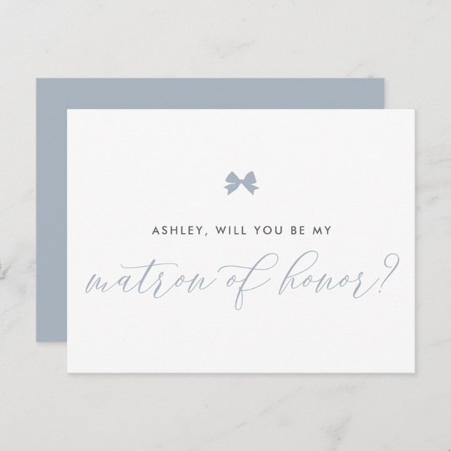 Dusty Blue Bow Will You Be My Matron of Honor Card (Front/Back)