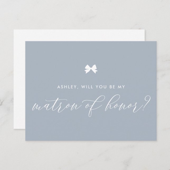 Dusty Blue Bow Will You Be My Matron of Honor Card (Front/Back)