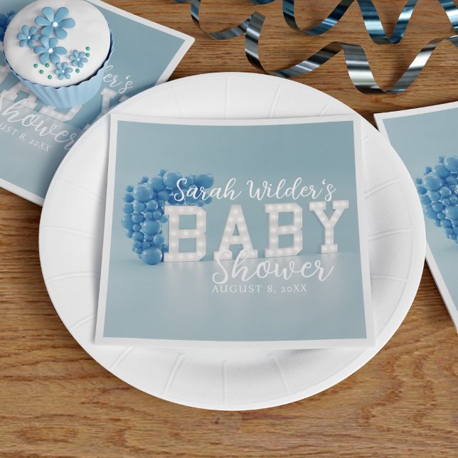 Dusty Blue Boy Balloon Arch Baby Shower Party Napkins (A blue baby shower paper napkin with space for your party details)
