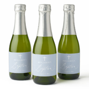 Dusty Blue Boy Baptism Mini Sparkling Wine Bottle  Label