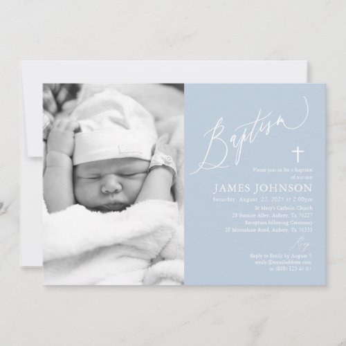 Dusty Blue Boy Baptism Photo Invitation