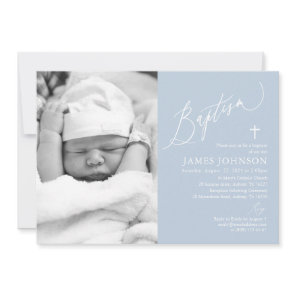 Dusty Blue Boy Baptism Photo Invitation