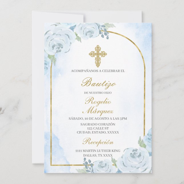 Dusty blue boy Baptism Spanish Invitation (Front)