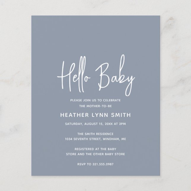 Dusty Blue Boy Budget Hello Baby Shower Invitation (Front)