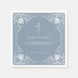 Dusty Blue Boy Confirmation Elegant Faux Silver Napkins