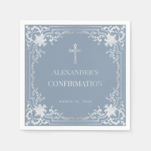 Dusty Blue Boy Confirmation Elegant Faux Silver Napkins