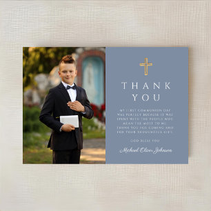 Dusty Blue Boy First Communion Cross Photo Thank You Card