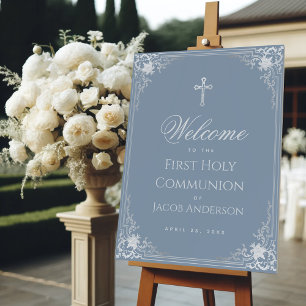 Dusty Blue Boy First Communion Welcome Vintage Foam Board