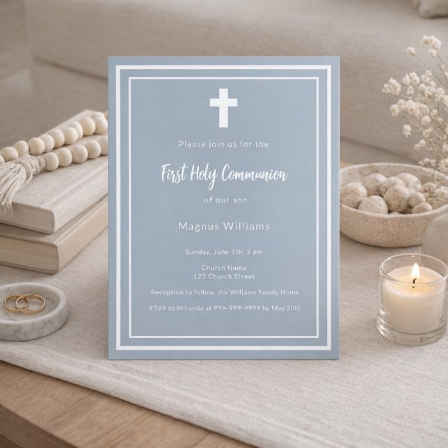 Dusty blue boy First Holy Communion invitation (Creator Uploaded)