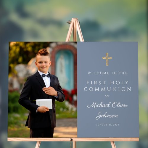Dusty Blue Boy Photo First Communion Welcome Acrylic Sign