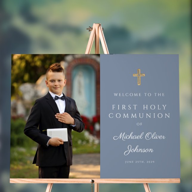 Dusty Blue Boy Photo First Communion Welcome Acrylic Sign (Neutral)