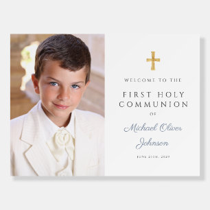 Dusty Blue Boy Photo First Communion Welcome Foam Board