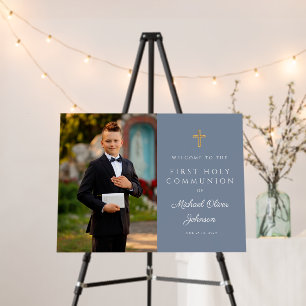 Dusty Blue Boy Photo First Communion Welcome Foam Board