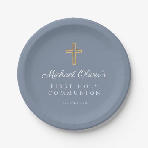 Dusty Blue Boy Religious Cross First Communion Paper Plates