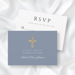 Dusty Blue Boy Religious Cross First Communion RSVP Card