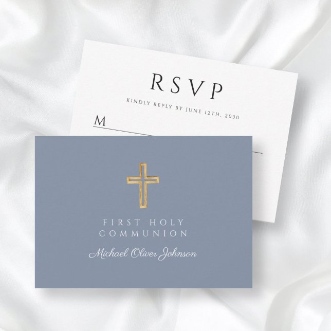 Dusty Blue Boy Religious Cross First Communion RSVP Card (Dusty Blue Boy Religious Cross First Communion RSVP Card)