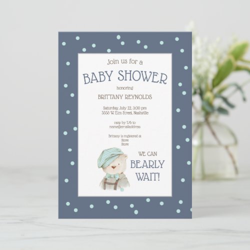 Dusty Blue Boy Woodland Bear Baby Shower Invitation