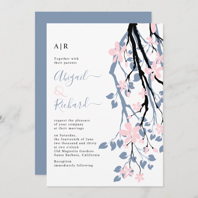 Dusty blue branch, blush flowers initials wedding invitation (Front/Back)
