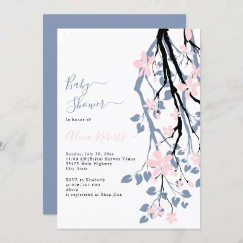 Dusty blue branch pink flowers baby shower invitation