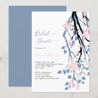 Dusty blue branch, pink flowers bridal shower invitation
