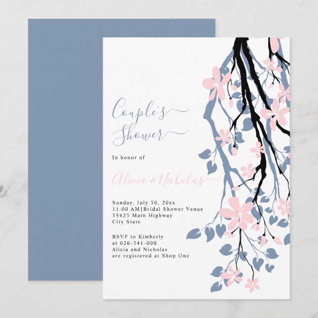 Dusty blue branch, pink flowers couples shower invitation (Front/Back)