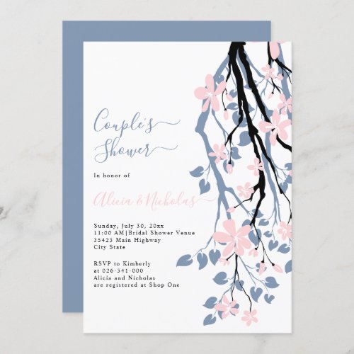 Dusty blue branch pink flowers couples shower invitation