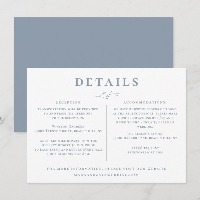 Dusty Blue Branch Wedding Details Information Invitation (Front/Back)