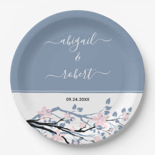 Dusty blue branch with blush flowers, wedding paper plates
