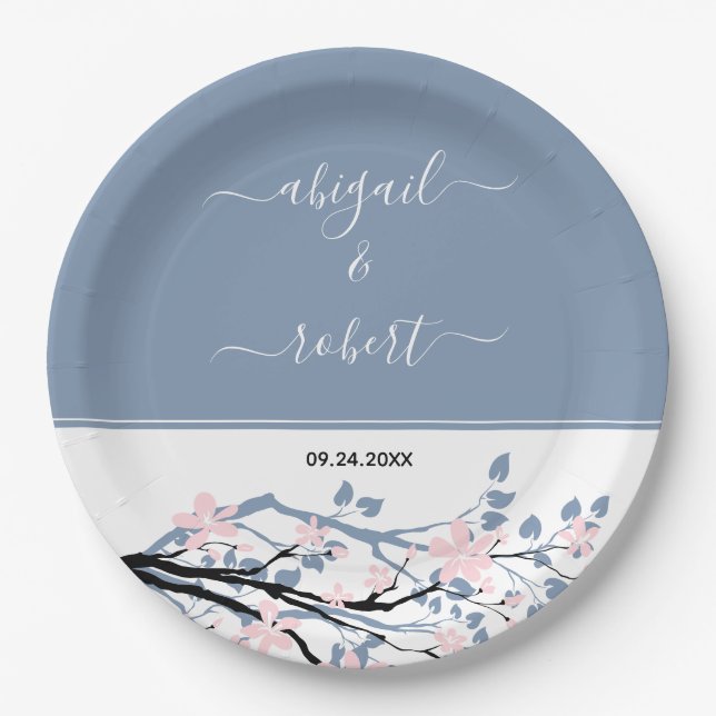 Dusty blue branch with blush flowers, wedding paper plates (Front)