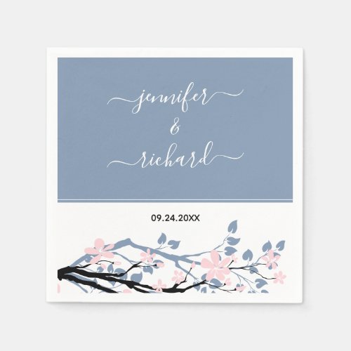 Dusty blue branch with blush pink flowers wedding napkins