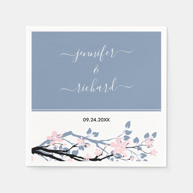 Dusty blue branch with blush pink flowers wedding napkins (Front)