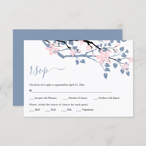 Dusty blue branch with blush pink flowers wedding RSVP card