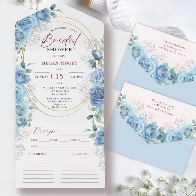 Dusty Blue Bridal Shower Blue Roses Recipe All In One Invitation (Creator Uploaded)