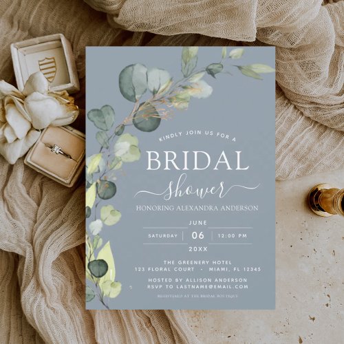 Dusty Blue Bridal Shower Botanical Eucalyptus Boho Invitation