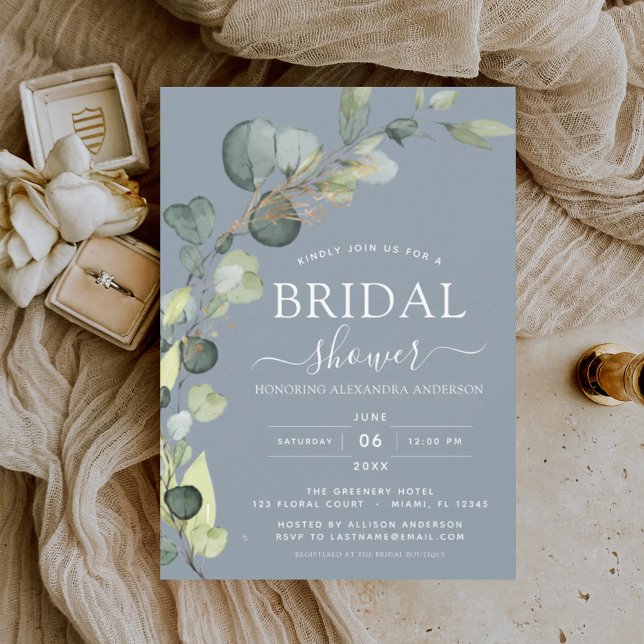 Dusty Blue Bridal Shower Botanical Eucalyptus Boho Invitation (Creator Uploaded)