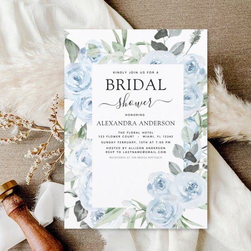 Dusty Blue Bridal Shower Floral Greenery Invitation