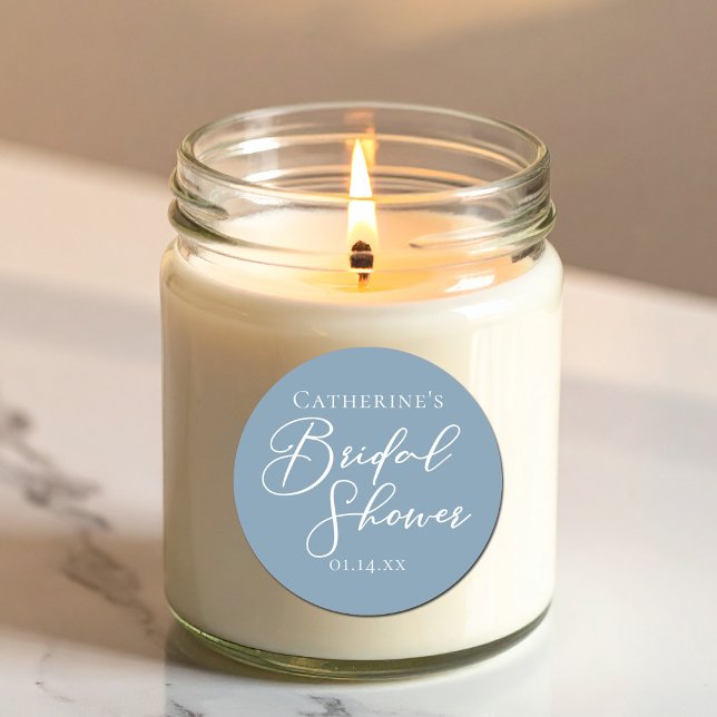 Dusty Blue Bridal Shower Personalized White Script Classic Round Sticker (Creator Uploaded)