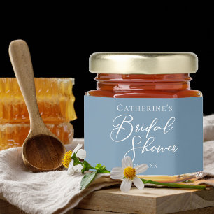 Dusty Blue Bridal Shower Personalized White Script Honey Jar Favors