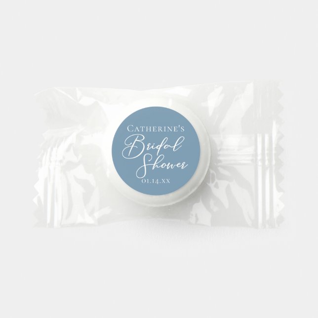 Dusty Blue Bridal Shower Personalized White Script Life Saver® Mints (Front)
