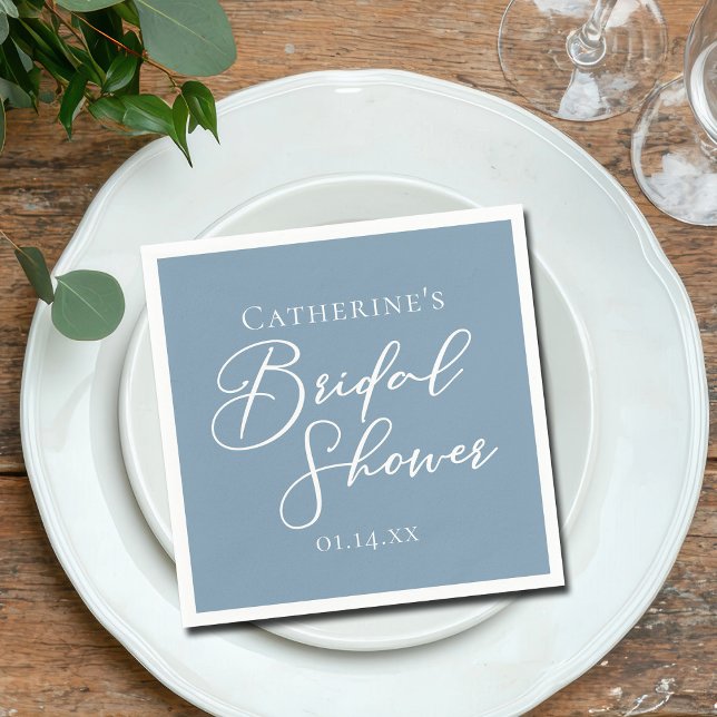 Dusty Blue Bridal Shower Personalized White Script Napkins (Creator Uploaded)